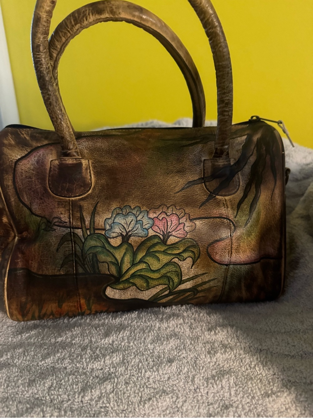 Hand-Painted Floral Leather Satchel in Brown and Multicolor
